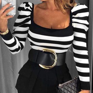 Square Neck Puff Sleeve Stripe Printed Knit Top